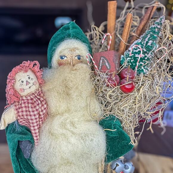 Primitive Folk Art Vintage Cloth Face Santa w Doll Christmas Tabletop Decor 11” - Picture 2 of 14